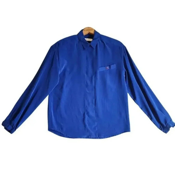 Liz Claiborne Shirt Top Women's Size 4 Dark Blue 100% Polyester Long Sleeve - Picture 1 of 7